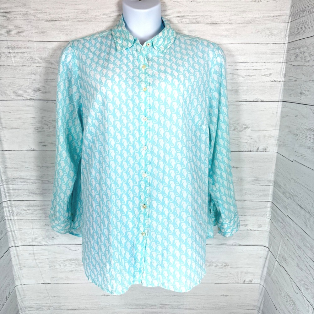 Talbots Seahorse Print Cotton Button Down ‎ 2X Coastal Beach Blouse Blue women - Picture 2 of 9